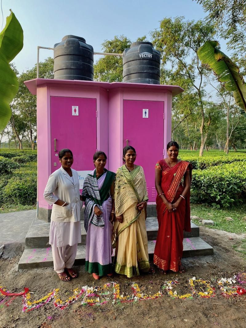 The two environmentally-friendly toilets build in the Chardwar tea garden